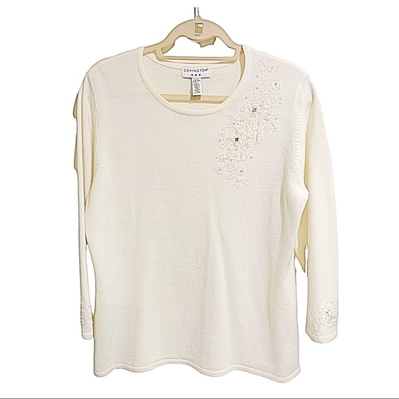 Covington Sweater Ivory Vintage Shoulder Sequins Design Pullover Sweater Size L - Picture 3 of 15